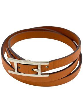 Hermes Hapi 3 Bracelet Leather Silver Plated Orange